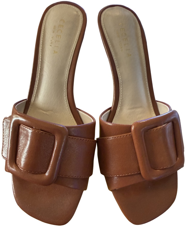Cecilia New York Tan Leather Slide Mules With Statement Buckle
